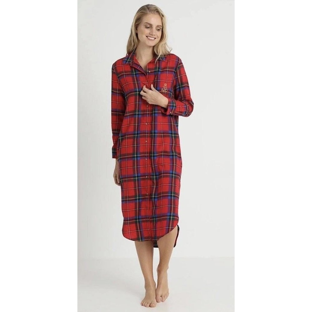 Ralph Lauren Ballet Sleep Shirt Red Plaid Cotton Nightgown Women Med Pockets NWT